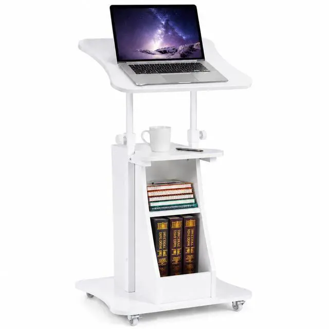 Main image of Sit to Stand Mobile Lectern Teacher Podium Portable Height Adjustable Podium Stand Rolling Laptop Desk Cart with Storage Shelf Swivel Top for Classroom, Concert, Church White