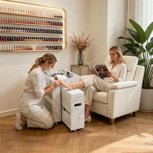 Alt view image 2 of 7 - Storage Pedicure Cart, Lockable Mobile Foot Nail Trolley 2091 | Compact Rolling Cart, with 2-tier storage rack, spacious desktop, padded footrest