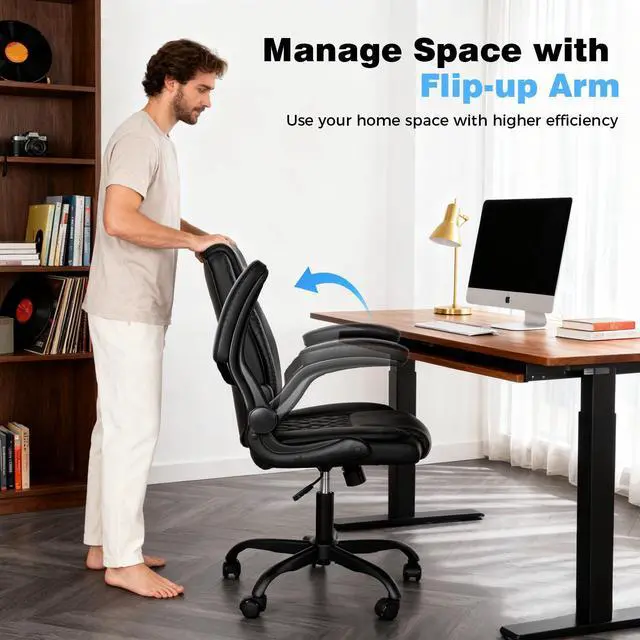 Alt view image 3 of 6 - Home Office Desk Chair, Adjustable Height Leather Office Chair,Black | Computer Chair 90°-105° Tilt, Adjustable Tilt Tension, 300lbs Swivel Computer Chair for Home Office & Gaming