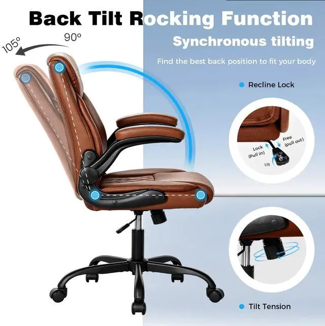 Alt view image 3 of 7 - Home Office Desk Chair, Adjustable Height Leather Office Chair, Brown