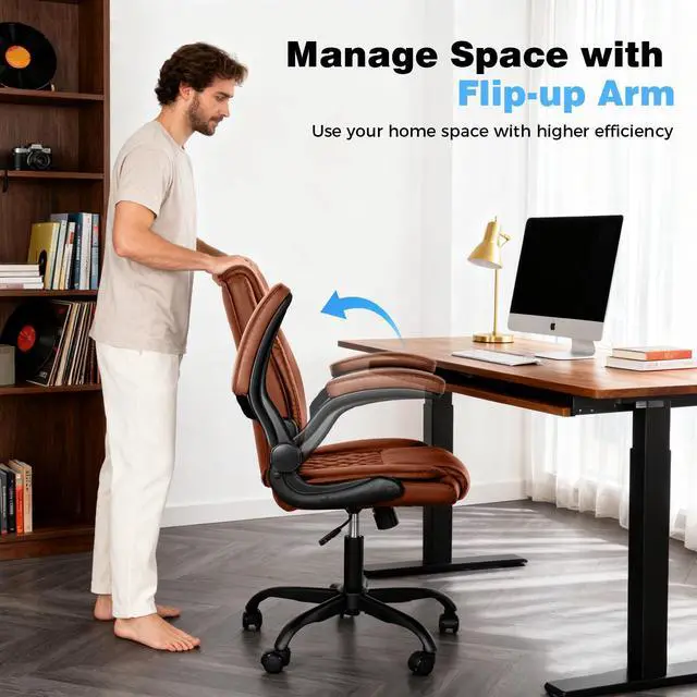 Alt view image 5 of 7 - Home Office Desk Chair, Adjustable Height Leather Office Chair, Brown