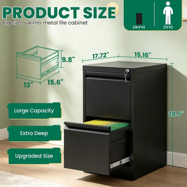 Alt view image 3 of 6 - 2 Drawer File Cabinet with Lock, Vertical File Cabinet with Lock, Locking File Cabinet Hanging Files for A4/ Legal/Letter, Require Assembly, White