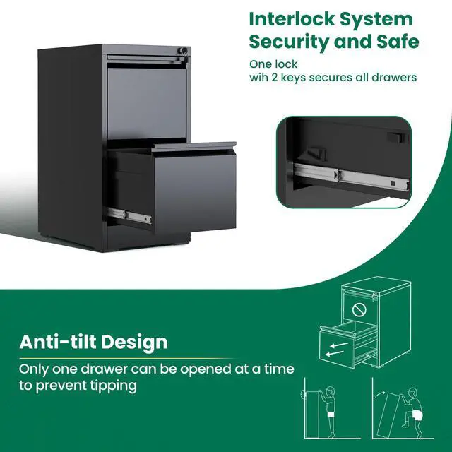 Alt view image 6 of 6 - 2 Drawer File Cabinet with Lock, Vertical File Cabinet with Lock, Locking File Cabinet Hanging Files for A4/ Legal/Letter, Require Assembly, White