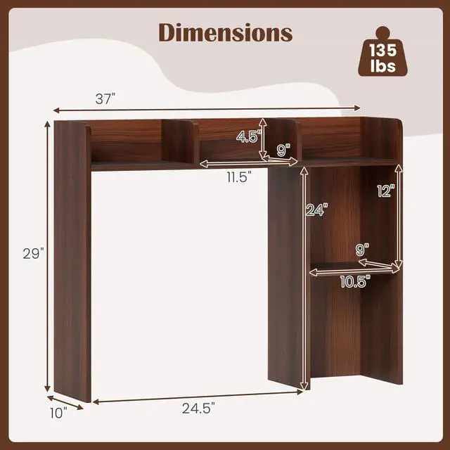Alt view image 3 of 7 - Desktop Bookshelf, 3-Tier Desk Shelf with 5 Racks, Walnut | Table Top Bookcase for 27" Monitor with Non-Slip Pads and Anti-Tipping Device, Desk Hutch Organizer for Office, Home & Study