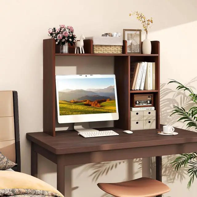 Alt view image 2 of 7 - Desktop Bookshelf, 3-Tier Desk Shelf with 5 Racks, Walnut | Table Top Bookcase for 27" Monitor with Non-Slip Pads and Anti-Tipping Device, Desk Hutch Organizer for Office, Home & Study