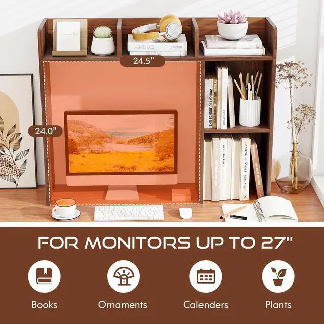 Alt view image 4 of 7 - Desktop Bookshelf, 3-Tier Desk Shelf with 5 Racks, Walnut | Table Top Bookcase for 27" Monitor with Non-Slip Pads and Anti-Tipping Device, Desk Hutch Organizer for Office, Home & Study
