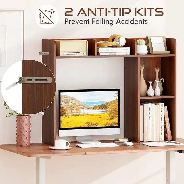Alt view image 6 of 7 - Desktop Bookshelf, 3-Tier Desk Shelf with 5 Racks, Walnut | Table Top Bookcase for 27" Monitor with Non-Slip Pads and Anti-Tipping Device, Desk Hutch Organizer for Office, Home & Study