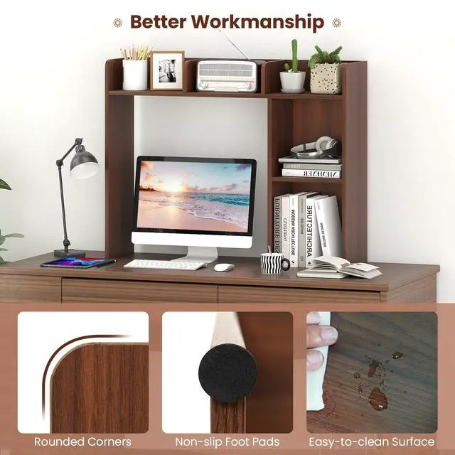 Alt view image 7 of 7 - Desktop Bookshelf, 3-Tier Desk Shelf with 5 Racks, Walnut | Table Top Bookcase for 27" Monitor with Non-Slip Pads and Anti-Tipping Device, Desk Hutch Organizer for Office, Home & Study