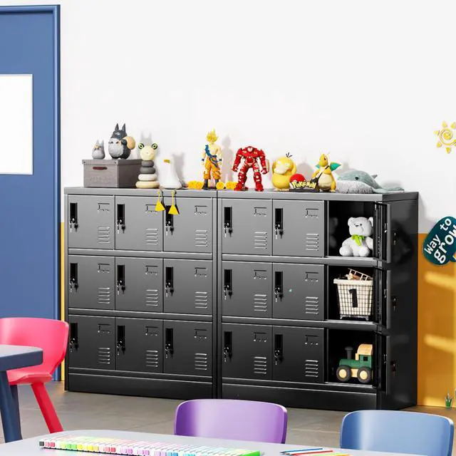 Alt view image 2 of 7 - Metal Locker, 9 Doors Lockers for Employees with Keys,3 Tiers Small Steel Lockable Storage Lockers with Card Slots,Vents for Gym,School,Office,Kids Room(Black)