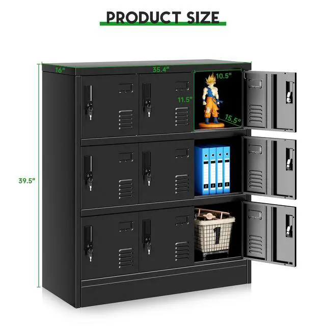 Alt view image 4 of 7 - Metal Locker, 9 Doors Lockers for Employees with Keys,3 Tiers Small Steel Lockable Storage Lockers with Card Slots,Vents for Gym,School,Office,Kids Room(Black)