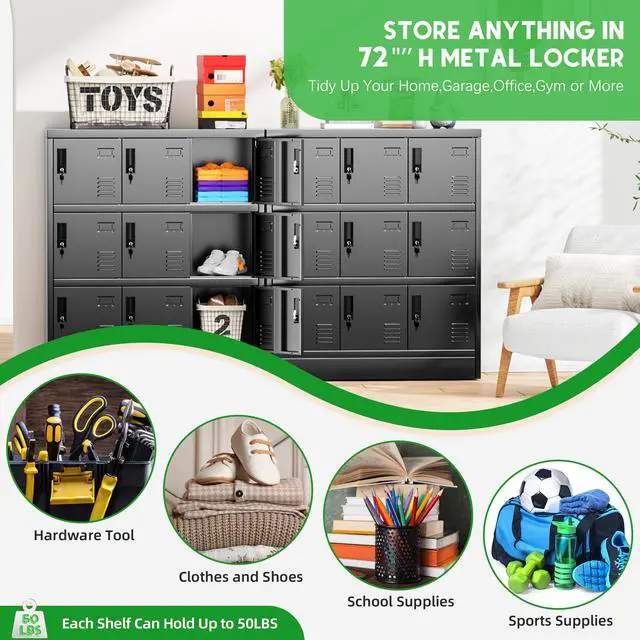 Alt view image 6 of 7 - Metal Locker, 9 Doors Lockers for Employees with Keys,3 Tiers Small Steel Lockable Storage Lockers with Card Slots,Vents for Gym,School,Office,Kids Room(Black)