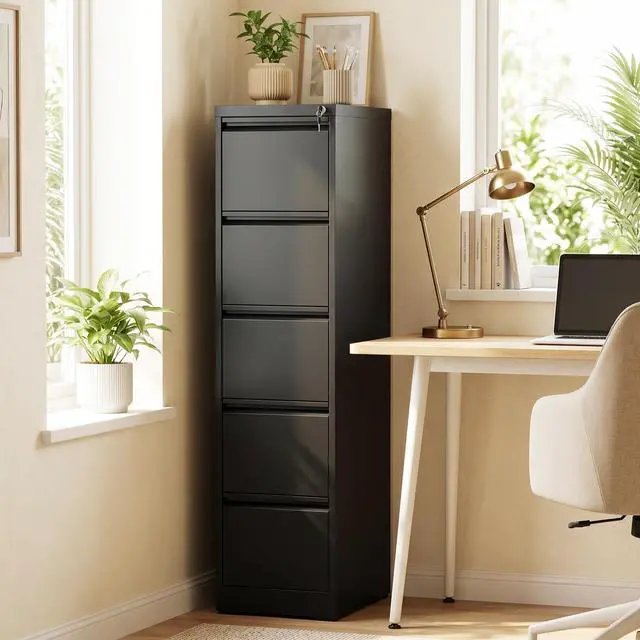 Alt view image 2 of 6 - 5 Drawer File Cabinet with Lock, Vertical Metal Filing Cabinet Black | 64.2"H x 15"W x 18"D Office Storage Cabinet for Home Office, Fit Letter, Legal, A4 and F4, Assembly Required