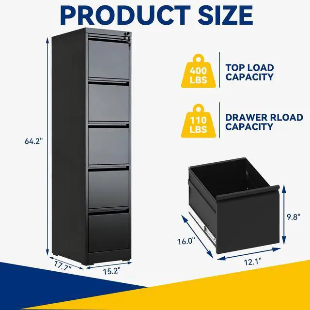 Alt view image 3 of 6 - 5 Drawer File Cabinet with Lock, Vertical Metal Filing Cabinet Black | 64.2"H x 15"W x 18"D Office Storage Cabinet for Home Office, Fit Letter, Legal, A4 and F4, Assembly Required
