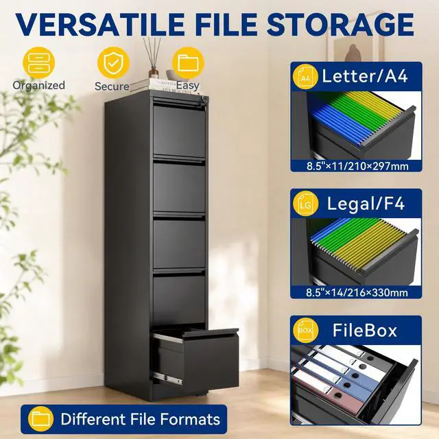 Alt view image 4 of 6 - 5 Drawer File Cabinet with Lock, Vertical Metal Filing Cabinet Black | 64.2"H x 15"W x 18"D Office Storage Cabinet for Home Office, Fit Letter, Legal, A4 and F4, Assembly Required