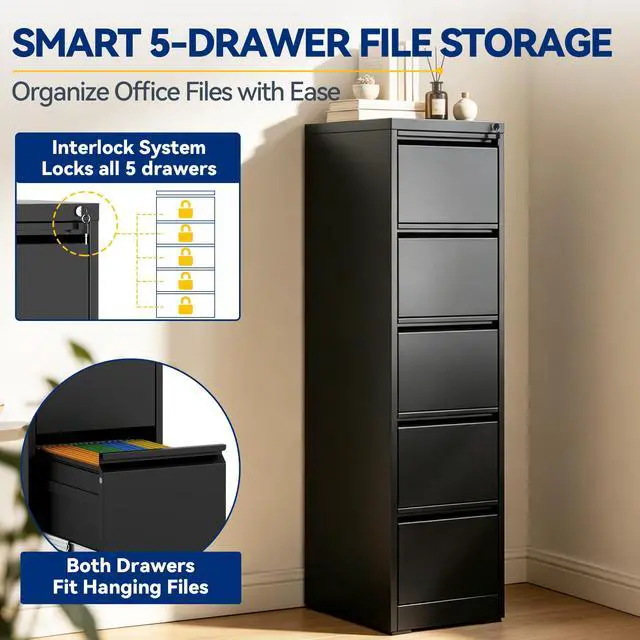 Alt view image 5 of 6 - 5 Drawer File Cabinet with Lock, Vertical Metal Filing Cabinet Black | 64.2"H x 15"W x 18"D Office Storage Cabinet for Home Office, Fit Letter, Legal, A4 and F4, Assembly Required