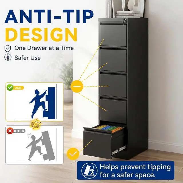 Alt view image 6 of 6 - 5 Drawer File Cabinet with Lock, Vertical Metal Filing Cabinet Black | 64.2"H x 15"W x 18"D Office Storage Cabinet for Home Office, Fit Letter, Legal, A4 and F4, Assembly Required
