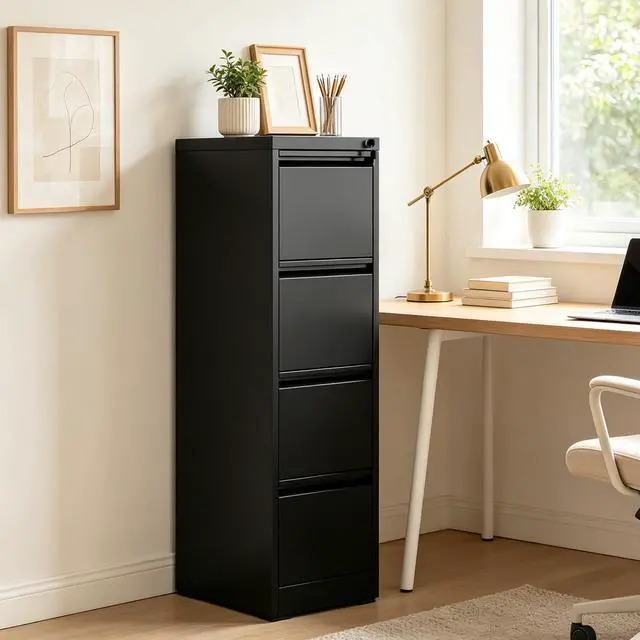 Alt view image 2 of 6 - 4 Drawer File Cabinet with Lock, Vertical Metal Filing Cabinet Black | 52.3"H x 15"W x 18"D Office Storage Cabinet for Home Office, Fit Letter, Legal, A4 and F4, Assembly Required