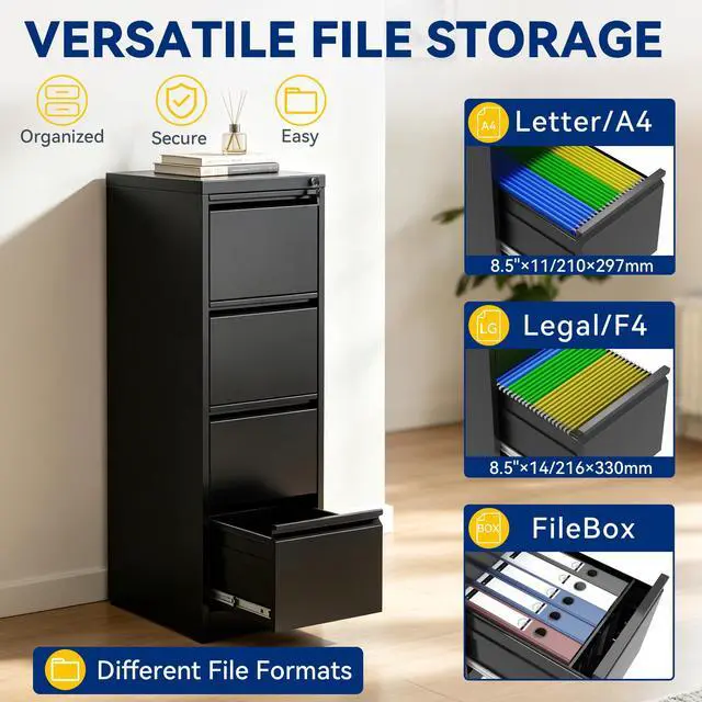 Alt view image 4 of 6 - 4 Drawer File Cabinet with Lock, Vertical Metal Filing Cabinet Black | 52.3"H x 15"W x 18"D Office Storage Cabinet for Home Office, Fit Letter, Legal, A4 and F4, Assembly Required