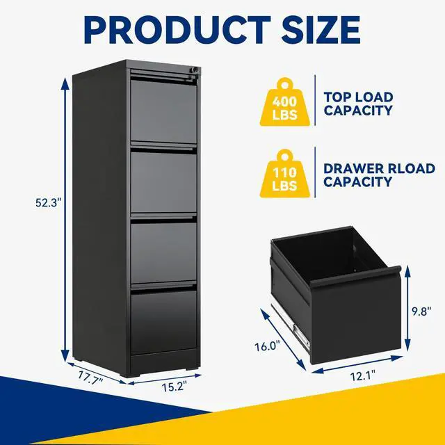 Alt view image 3 of 6 - 4 Drawer File Cabinet with Lock, Vertical Metal Filing Cabinet Black | 52.3"H x 15"W x 18"D Office Storage Cabinet for Home Office, Fit Letter, Legal, A4 and F4, Assembly Required