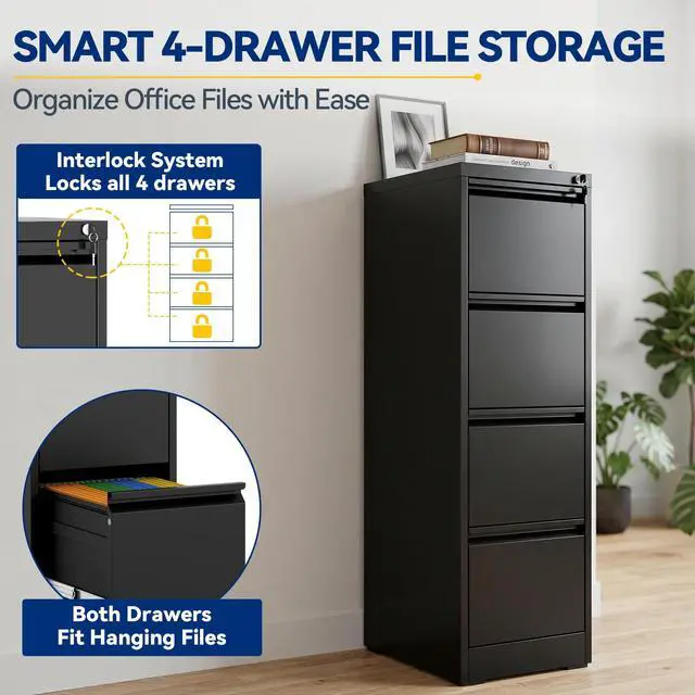 Alt view image 5 of 6 - 4 Drawer File Cabinet with Lock, Vertical Metal Filing Cabinet Black | 52.3"H x 15"W x 18"D Office Storage Cabinet for Home Office, Fit Letter, Legal, A4 and F4, Assembly Required
