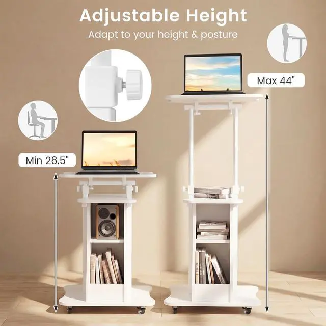 Alt view image 2 of 7 - Mobile Podium Stand, Height Adjustable Laptop Cart with Tilting Tabletop & Storage Compartments, Rolling Lectern with Lockable Casters for Classroom, Church, Home Office, White