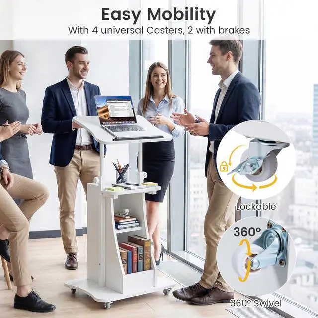 Alt view image 3 of 7 - Mobile Podium Stand, Height Adjustable Laptop Cart with Tilting Tabletop & Storage Compartments, Rolling Lectern with Lockable Casters for Classroom, Church, Home Office, White