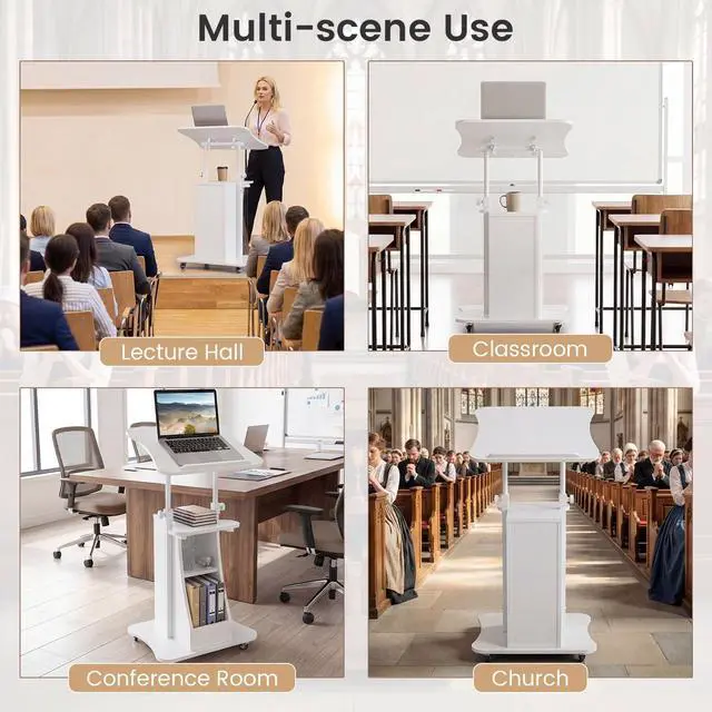 Alt view image 4 of 7 - Mobile Podium Stand, Height Adjustable Laptop Cart with Tilting Tabletop & Storage Compartments, Rolling Lectern with Lockable Casters for Classroom, Church, Home Office, White