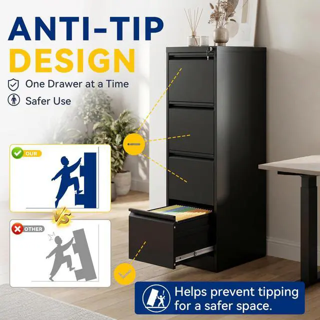 Alt view image 6 of 6 - 4 Drawer File Cabinet with Lock, Vertical Metal Filing Cabinet Black | 52.3"H x 15"W x 18"D Office Storage Cabinet for Home Office, Fit Letter, Legal, A4 and F4, Assembly Required