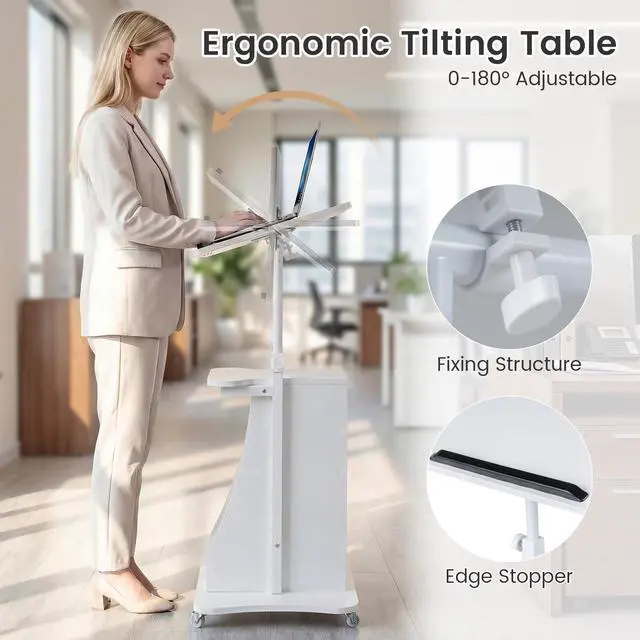 Alt view image 6 of 7 - Mobile Podium Stand, Height Adjustable Laptop Cart with Tilting Tabletop & Storage Compartments, Rolling Lectern with Lockable Casters for Classroom, Church, Home Office, White