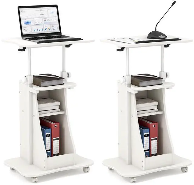 Main image of Mobile Podium Stand Set of 2, Height Adjustable Laptop Cart with Tilting Tabletop & Storage Compartments, Rolling Lectern with Lockable Casters for Classroom, Church, Home Office, White