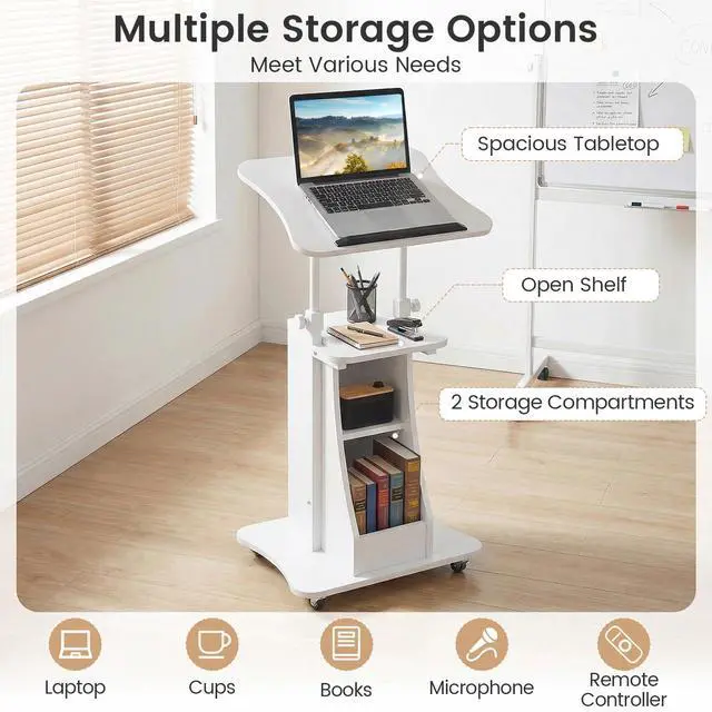 Alt view image 7 of 7 - Mobile Podium Stand, Height Adjustable Laptop Cart with Tilting Tabletop & Storage Compartments, Rolling Lectern with Lockable Casters for Classroom, Church, Home Office, White