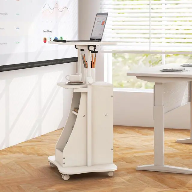 Alt view image 2 of 7 - Mobile Podium Stand Set of 2, Height Adjustable Laptop Cart with Tilting Tabletop & Storage Compartments, Rolling Lectern with Lockable Casters for Classroom, Church, Home Office, White