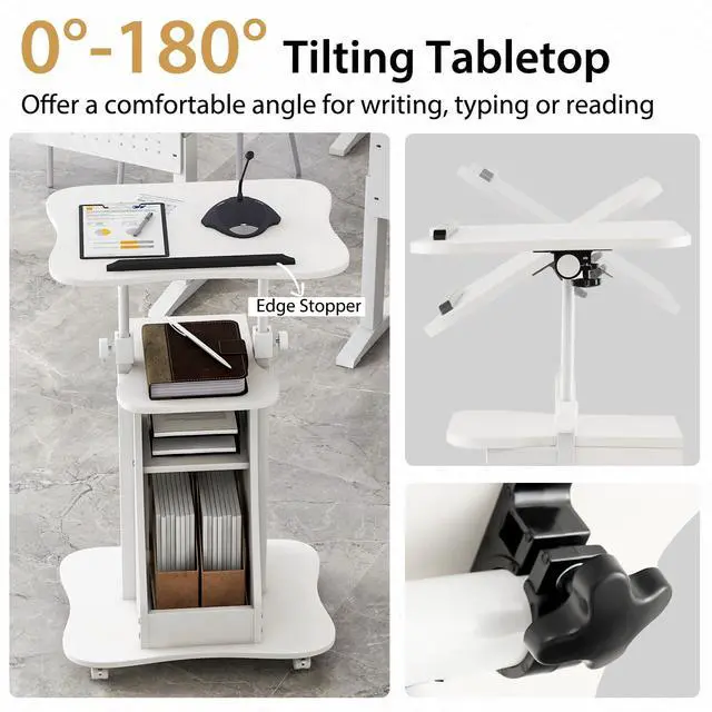 Alt view image 4 of 7 - Mobile Podium Stand Set of 2, Height Adjustable Laptop Cart with Tilting Tabletop & Storage Compartments, Rolling Lectern with Lockable Casters for Classroom, Church, Home Office, White