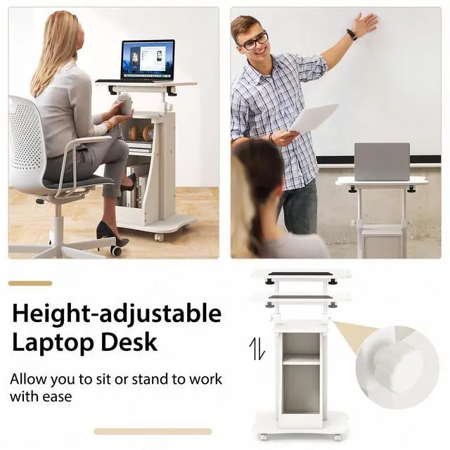 Alt view image 5 of 7 - Mobile Podium Stand Set of 2, Height Adjustable Laptop Cart with Tilting Tabletop & Storage Compartments, Rolling Lectern with Lockable Casters for Classroom, Church, Home Office, White