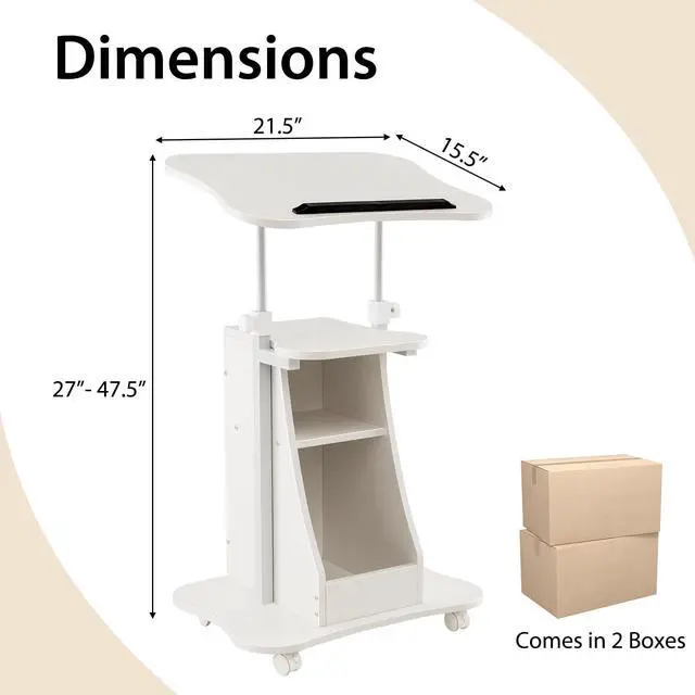 Alt view image 3 of 7 - Mobile Podium Stand Set of 2, Height Adjustable Laptop Cart with Tilting Tabletop & Storage Compartments, Rolling Lectern with Lockable Casters for Classroom, Church, Home Office, White