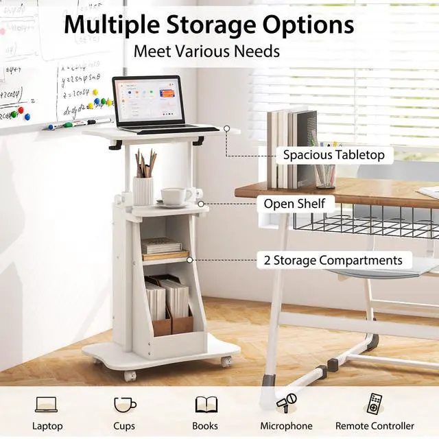 Alt view image 7 of 7 - Mobile Podium Stand Set of 2, Height Adjustable Laptop Cart with Tilting Tabletop & Storage Compartments, Rolling Lectern with Lockable Casters for Classroom, Church, Home Office, White