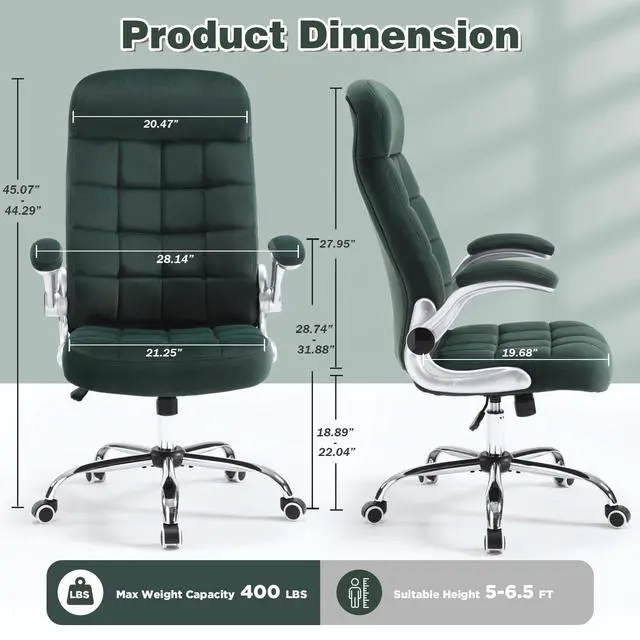 Alt view image 2 of 6 - High Back Velvet Comfy Office Chair, Green | Fabric Home Desk Chairs for Women, Flip-Up Arms, Ergonomic, WheelsCross Legged Sitting
