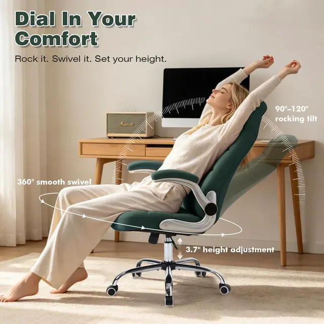 Alt view image 3 of 6 - High Back Velvet Comfy Office Chair, Green | Fabric Home Desk Chairs for Women, Flip-Up Arms, Ergonomic, WheelsCross Legged Sitting