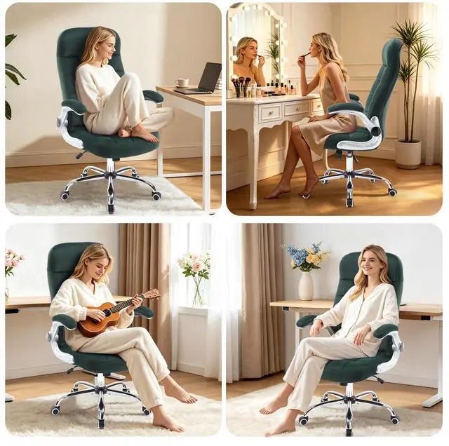 Alt view image 4 of 6 - High Back Velvet Comfy Office Chair, Green | Fabric Home Desk Chairs for Women, Flip-Up Arms, Ergonomic, WheelsCross Legged Sitting
