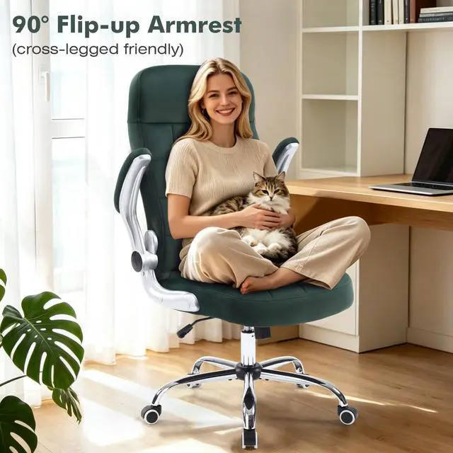 Alt view image 5 of 6 - High Back Velvet Comfy Office Chair, Green | Fabric Home Desk Chairs for Women, Flip-Up Arms, Ergonomic, WheelsCross Legged Sitting
