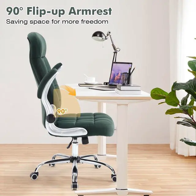 Alt view image 6 of 6 - High Back Velvet Comfy Office Chair, Green | Fabric Home Desk Chairs for Women, Flip-Up Arms, Ergonomic, WheelsCross Legged Sitting