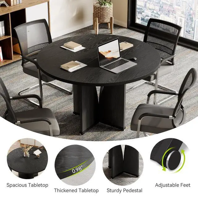 Alt view image 4 of 7 - 39-Inch Small Conference Table for 4, Round Meeting Table with X-Shape Pedestal, for Office, Conference Room, Small Spaces, Black