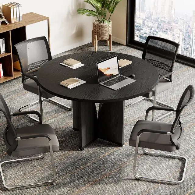 Alt view image 3 of 7 - 39-Inch Small Conference Table for 4, Round Meeting Table with X-Shape Pedestal, for Office, Conference Room, Small Spaces, Black