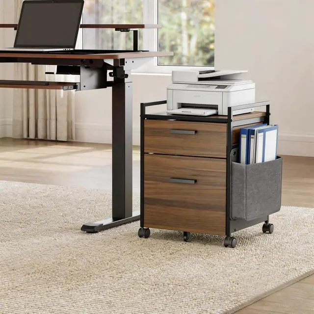 Alt view image 2 of 6 - 2 Drawer Mobile File Cabinet with Wheels, Solid Wood Rolling Storage Cabinet for Home Office, Space-Saving Under Desk Organization with Printer Stand, Walnut