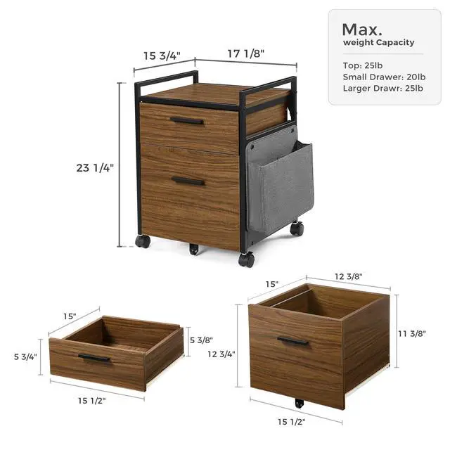 Alt view image 3 of 6 - 2 Drawer Mobile File Cabinet with Wheels, Solid Wood Rolling Storage Cabinet for Home Office, Space-Saving Under Desk Organization with Printer Stand, Walnut