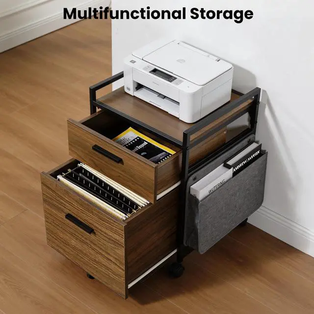 Alt view image 4 of 6 - 2 Drawer Mobile File Cabinet with Wheels, Solid Wood Rolling Storage Cabinet for Home Office, Space-Saving Under Desk Organization with Printer Stand, Walnut