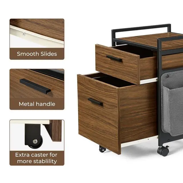 Alt view image 5 of 6 - 2 Drawer Mobile File Cabinet with Wheels, Solid Wood Rolling Storage Cabinet for Home Office, Space-Saving Under Desk Organization with Printer Stand, Walnut