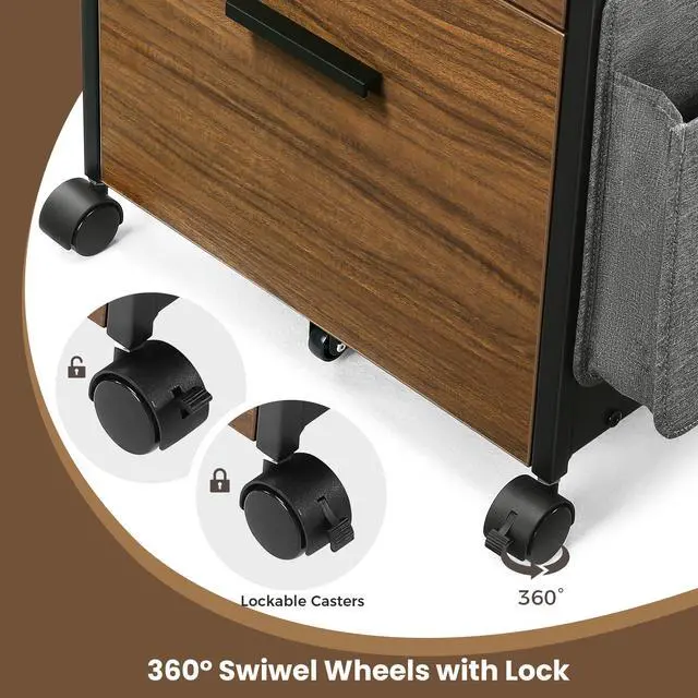 Alt view image 6 of 6 - 2 Drawer Mobile File Cabinet with Wheels, Solid Wood Rolling Storage Cabinet for Home Office, Space-Saving Under Desk Organization with Printer Stand, Walnut
