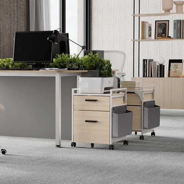 Alt view image 2 of 6 - 2 Drawer Mobile File Cabinet with Wheels, Solid Wood Rolling Storage Cabinet for Home Office, Space-Saving Under Desk Organization with Printer Stand,White