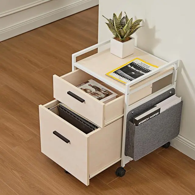 Alt view image 5 of 6 - 2 Drawer Mobile File Cabinet with Wheels, Solid Wood Rolling Storage Cabinet for Home Office, Space-Saving Under Desk Organization with Printer Stand,White